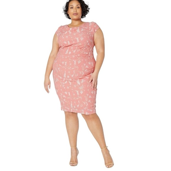 Adrianna Papell Peach Stretch Metallic Jacquard Hibiscus Plus Dress Women’s 14 - Picture 2 of 11